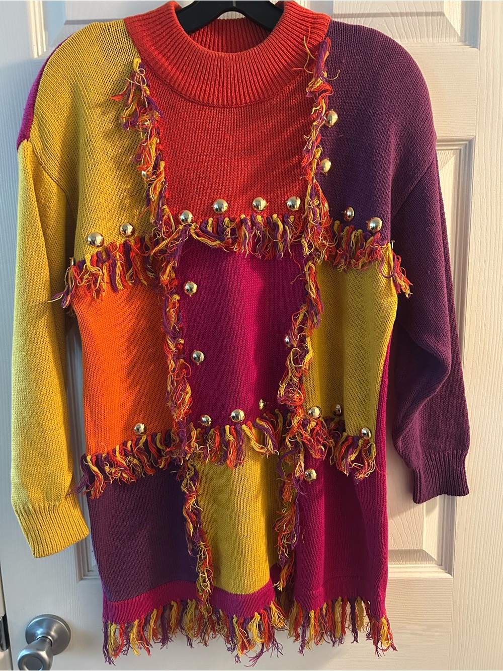 Vintage Multicolor Fringe Patchwork Sweater